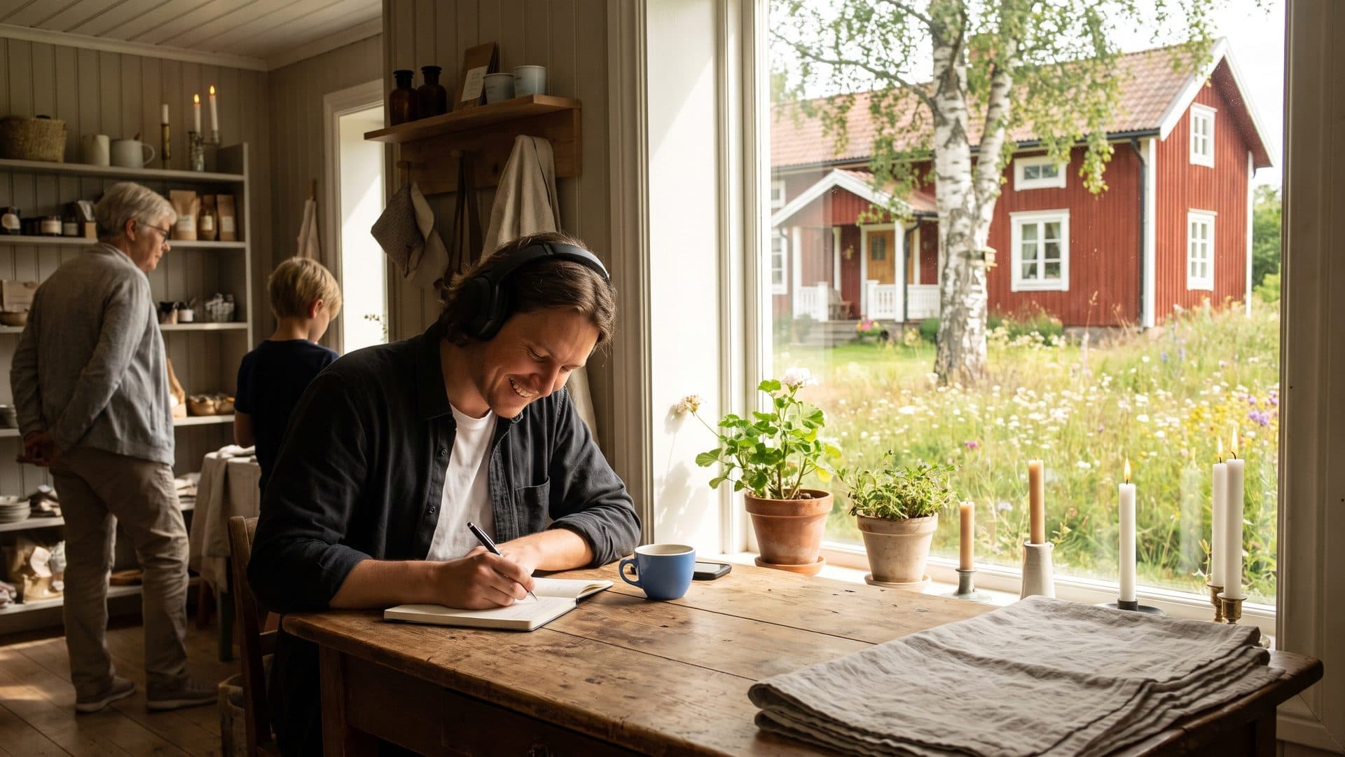 En butiksägare lyssnar på ett samtal i hörlurar och antecknar