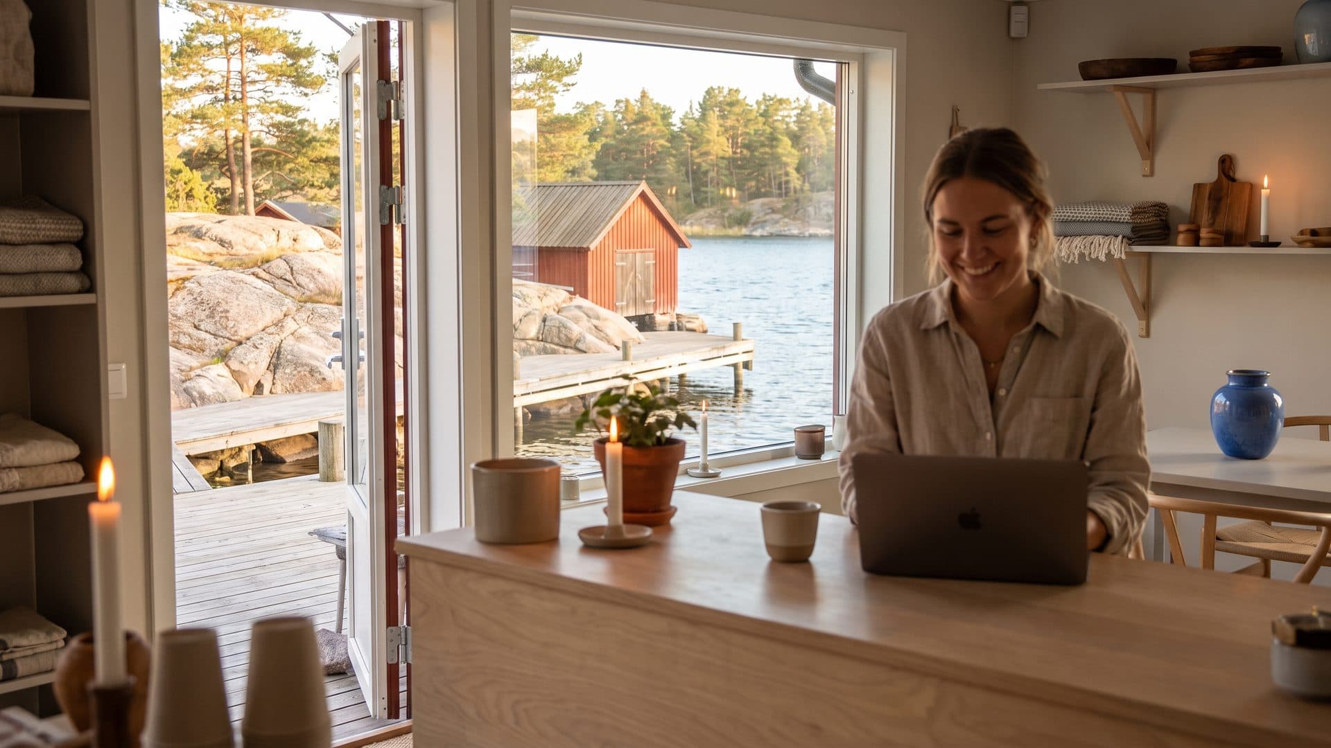 En butiksägare ler åt kundernas chattmeddelanden på laptopen