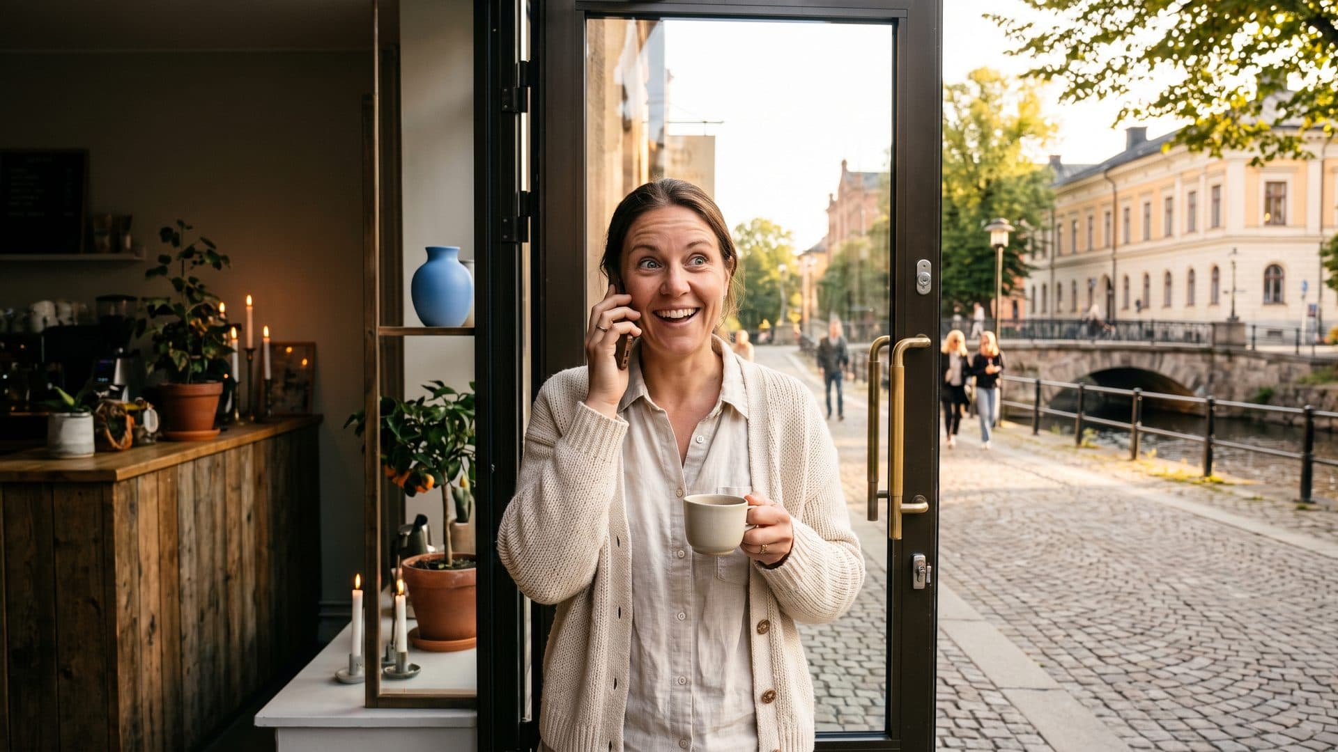 En kvinna i dörren till sin butik, förtjust över det hon hör i telefonen