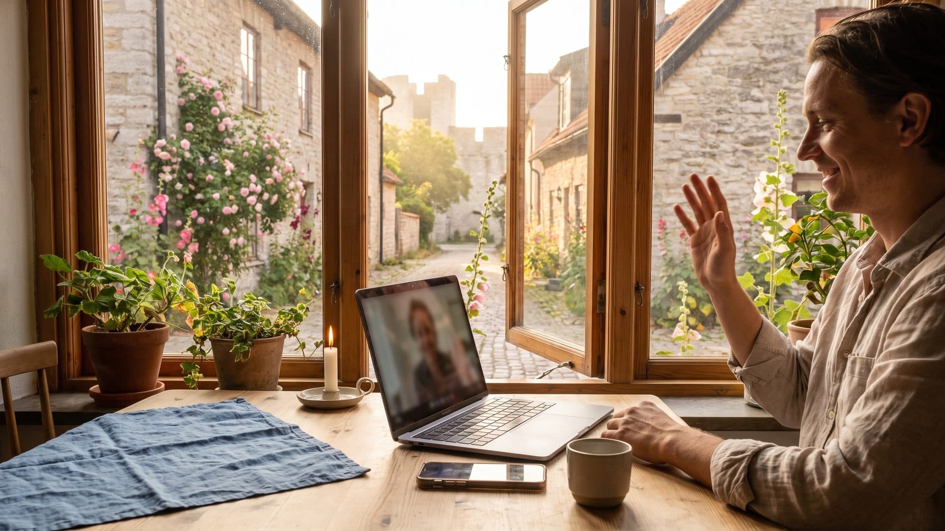 Ett bord vid ett öppet fönster med laptop, telefon och en kopp kaffe