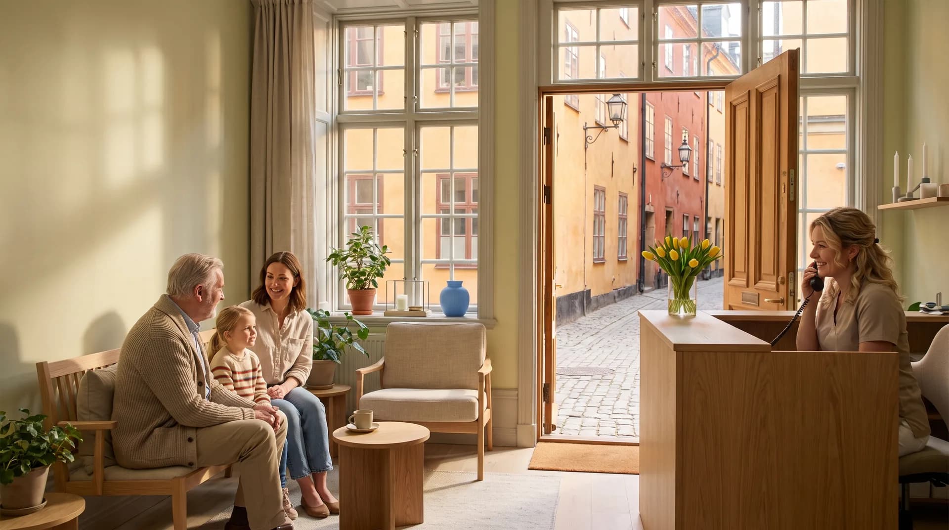 En receptionist ler i telefonen på en tandläkarmottagning i Gamla stan, en familj väntar, utanför syns kullerstenar och ockragula fasader