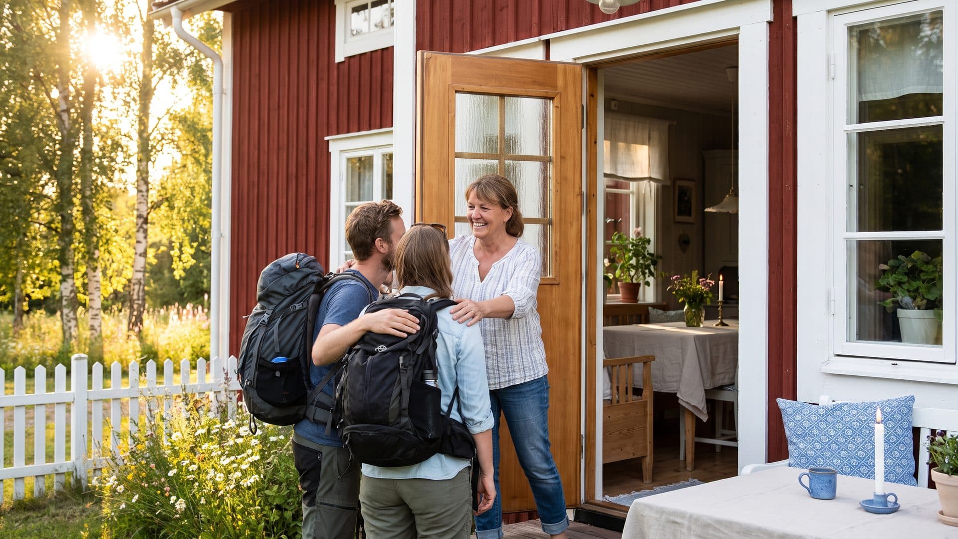 En värd välkomnar internationella resenärer vid entrén till ett pensionat
