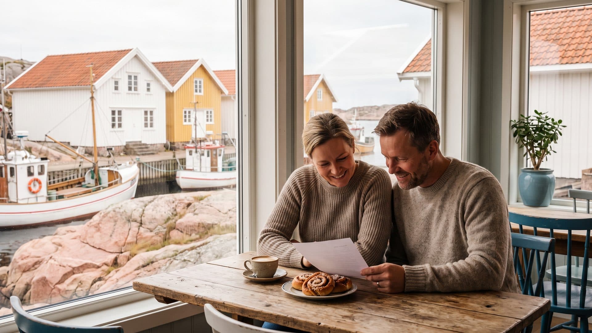 Ett par som driver ett litet bageri går igenom en enkel plan över en kopp kaffe vid fönstret