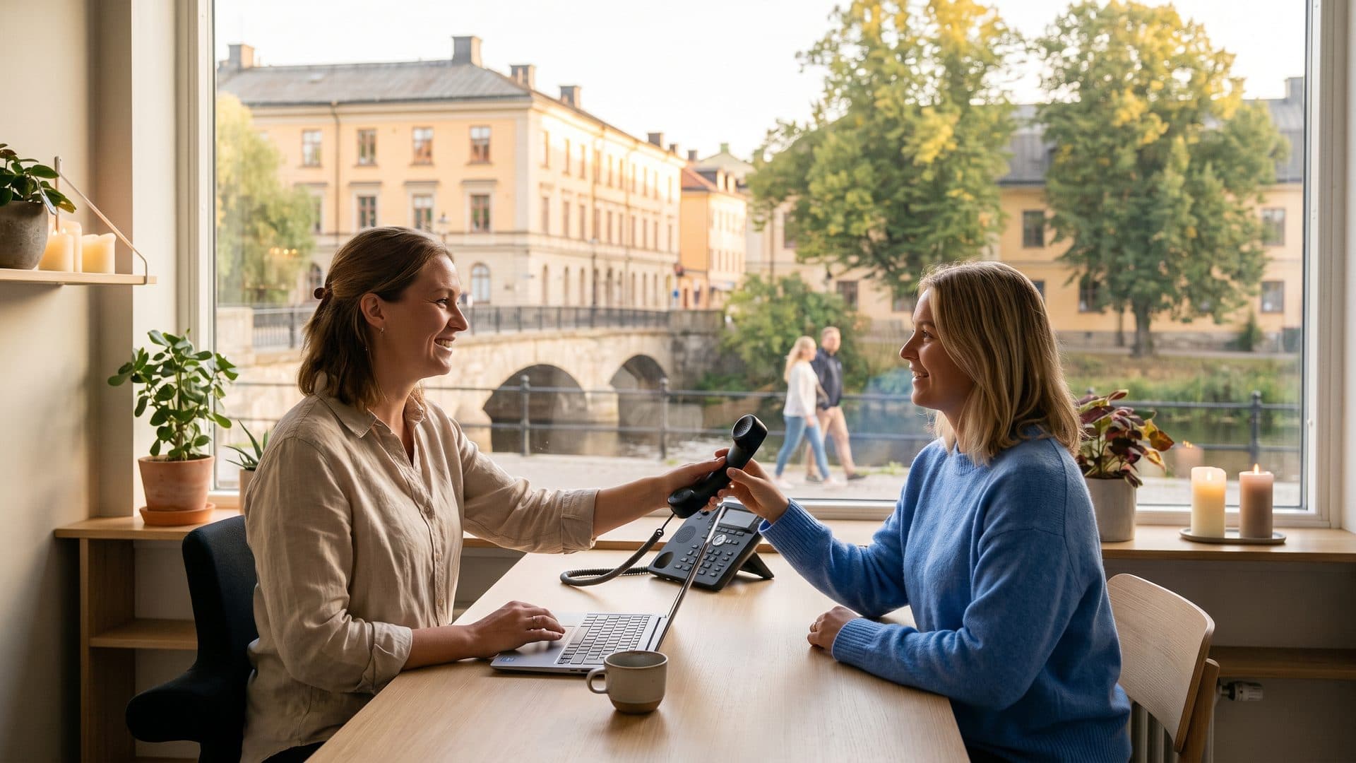En receptionist på en mottagning lämnar över ett samtal till en kollega