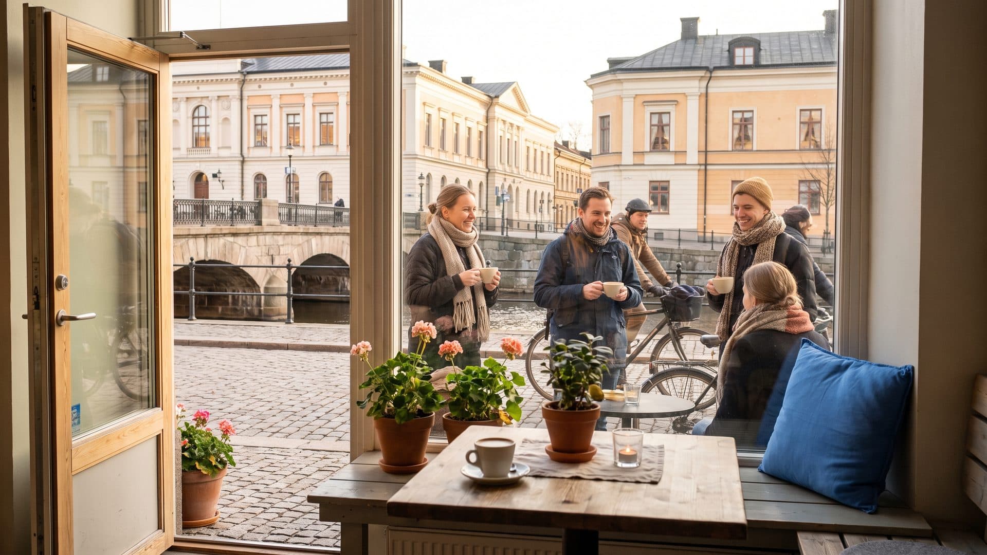 En svensk gata i gyllene kvällsljus med cyklar och blomlådor