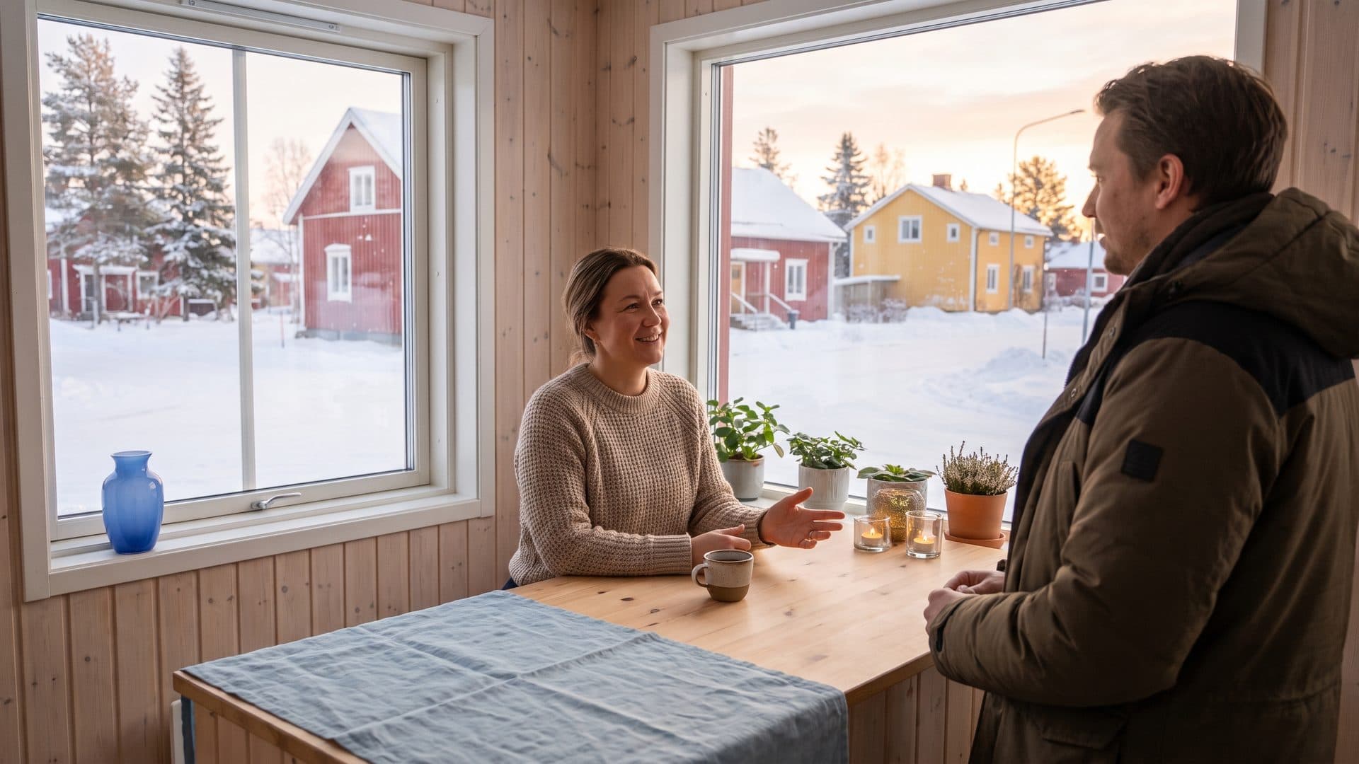 En receptionist svarar leende på en kunds fråga vid en disk i ljust trä